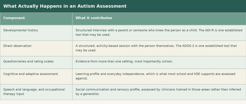 Autism Assessment Components Table